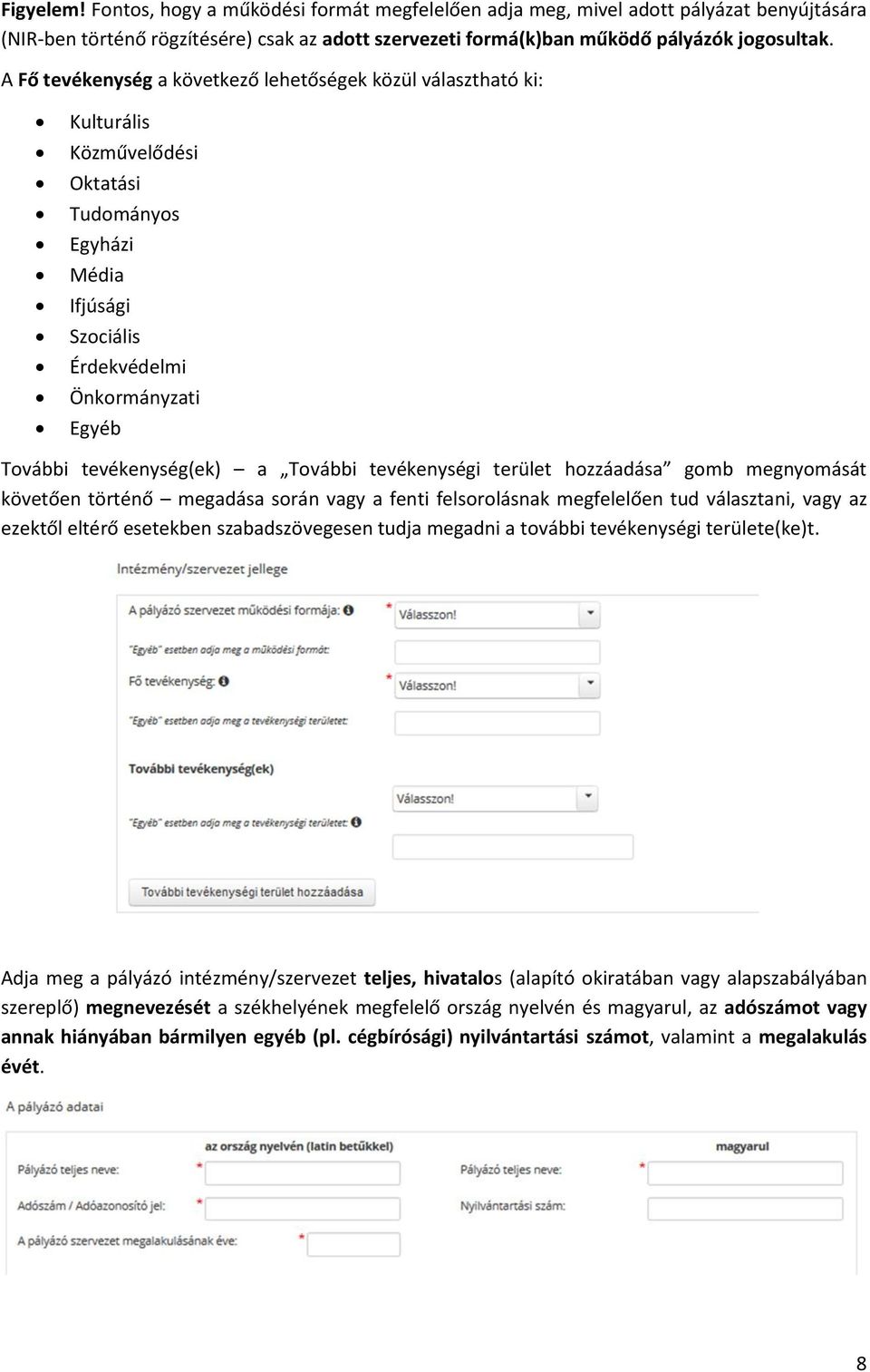 További tevékenységi terület hozzáadása gomb megnyomását követően történő megadása során vagy a fenti felsorolásnak megfelelően tud választani, vagy az ezektől eltérő esetekben szabadszövegesen tudja