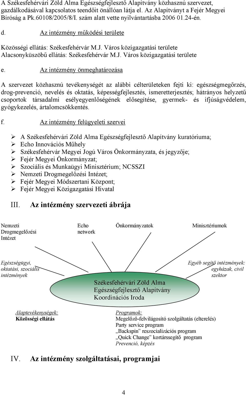 Az intézmény önmeghatározása A szervezet közhasznú tevékenységét az alábbi célterületeken fejti ki: egészségmegőrzés, drog-prevenció, nevelés és oktatás, képességfejlesztés, ismeretterjesztés;