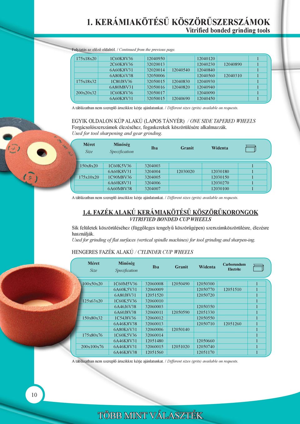 200x20x32 C60K8V36 320007 2040090 6A60K8V3 32000 2040690 204040 egyik oldalon kúp alakú (Lapos tányér) / One side tapered wheels Forgácsolószerszámok élezéséhez, fogaskerekek kszrülésére alkalmazzák.