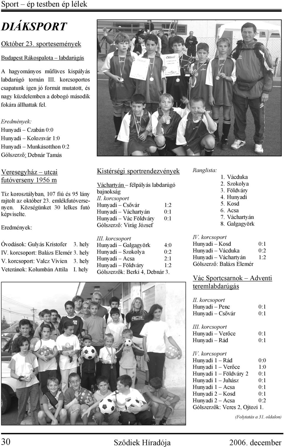 Eredmények: Hunyadi Czabán 0:0 Hunyadi Kolozsvár 1:0 Hunyadi Munkásotthon 0:2 Gólszerző: Debnár Tamás Veresegyház utcai futóverseny 1956 m Tíz korosztályban, 107 fiú és 95 lány rajtolt az október 23.
