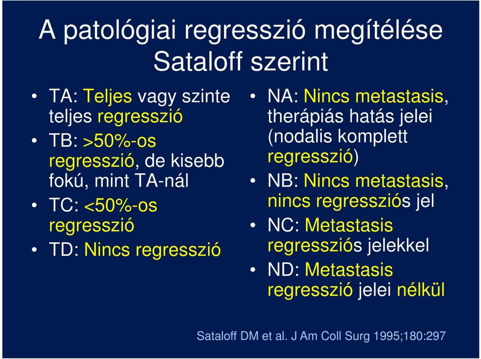 metastasis, therápiás hatás jelei (nodalis komplett regresszió) NB: Nincs metastasis, nincs regressziós