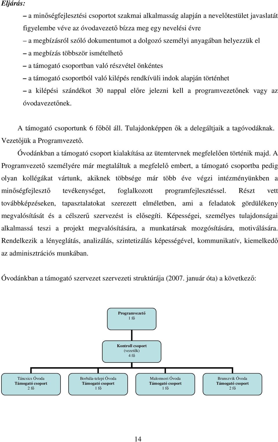 szándékot 30 nappal elıre jelezni kell a programvezetınek vagy az óvodavezetınek. A támogató csoportunk 6 fıbıl áll. Tulajdonképpen ık a delegáltjaik a tagóvodáknak. Vezetıjük a Programvezetı.