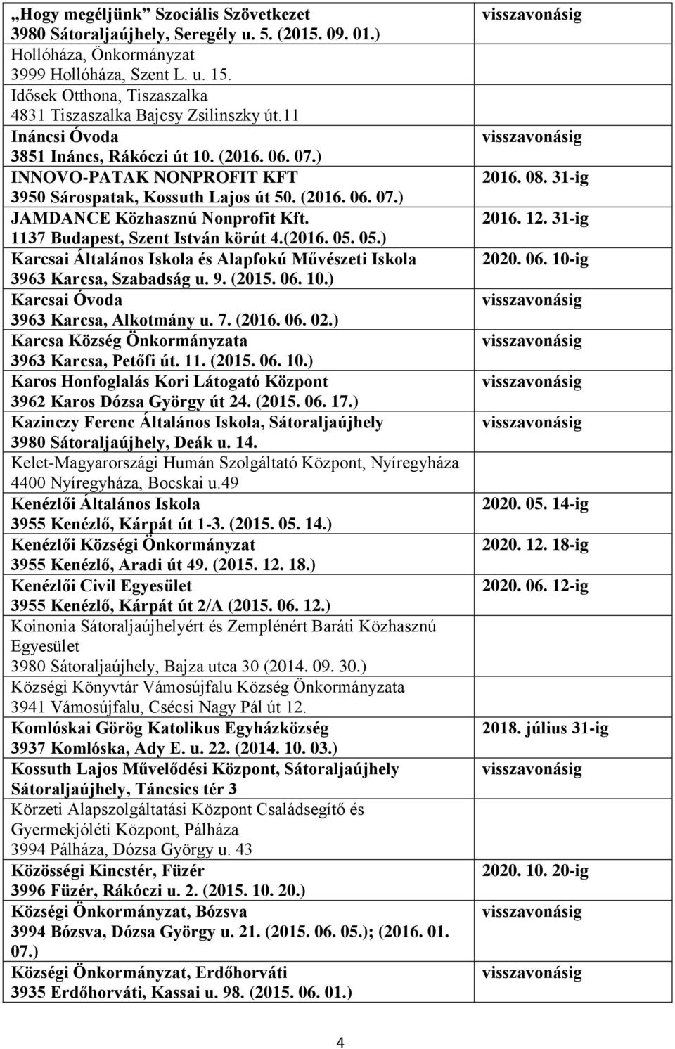 1137 Budapest, Szent István körút 4.(2016. 05. 05.) Karcsai Általános Iskola és Alapfokú Művészeti Iskola 3963 Karcsa, Szabadság u. 9. (2015. 06. 10.) Karcsai Óvoda 3963 Karcsa, Alkotmány u. 7. (2016.