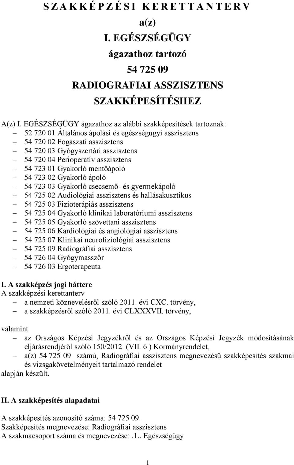 Perioperatív asszisztens 54 723 01 Gyakorló mentőápoló 54 723 02 Gyakorló ápoló 54 723 03 Gyakorló csecsemő- és gyermekápoló 54 725 02 Audiológiai asszisztens és hallásakusztikus 54 725 03