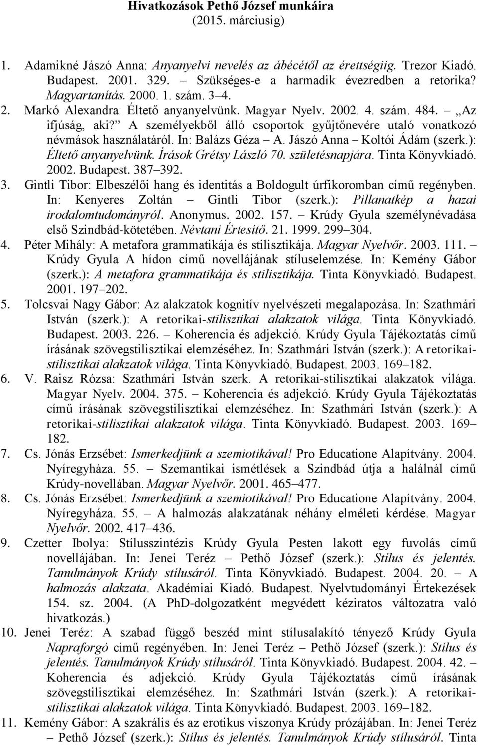 A személyekből álló csoportok gyűjtőnevére utaló vonatkozó névmások használatáról. In: Balázs Géza A. Jászó Anna Koltói Ádám (szerk.): Éltető anyanyelvünk. Írások Grétsy László 70. születésnapjára.