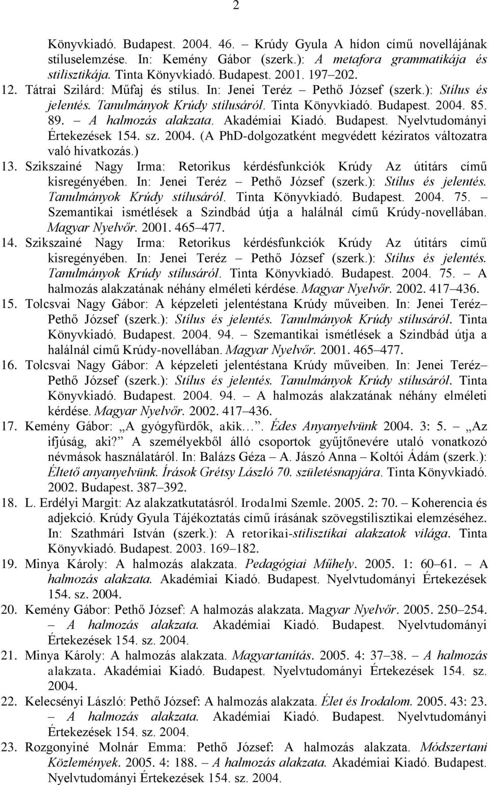 Akadémiai Kiadó. Budapest. Nyelvtudományi (A PhD-dolgozatként megvédett kéziratos változatra való hivatkozás.) 13. Szikszainé Nagy Irma: Retorikus kérdésfunkciók Krúdy Az útitárs című kisregényében.