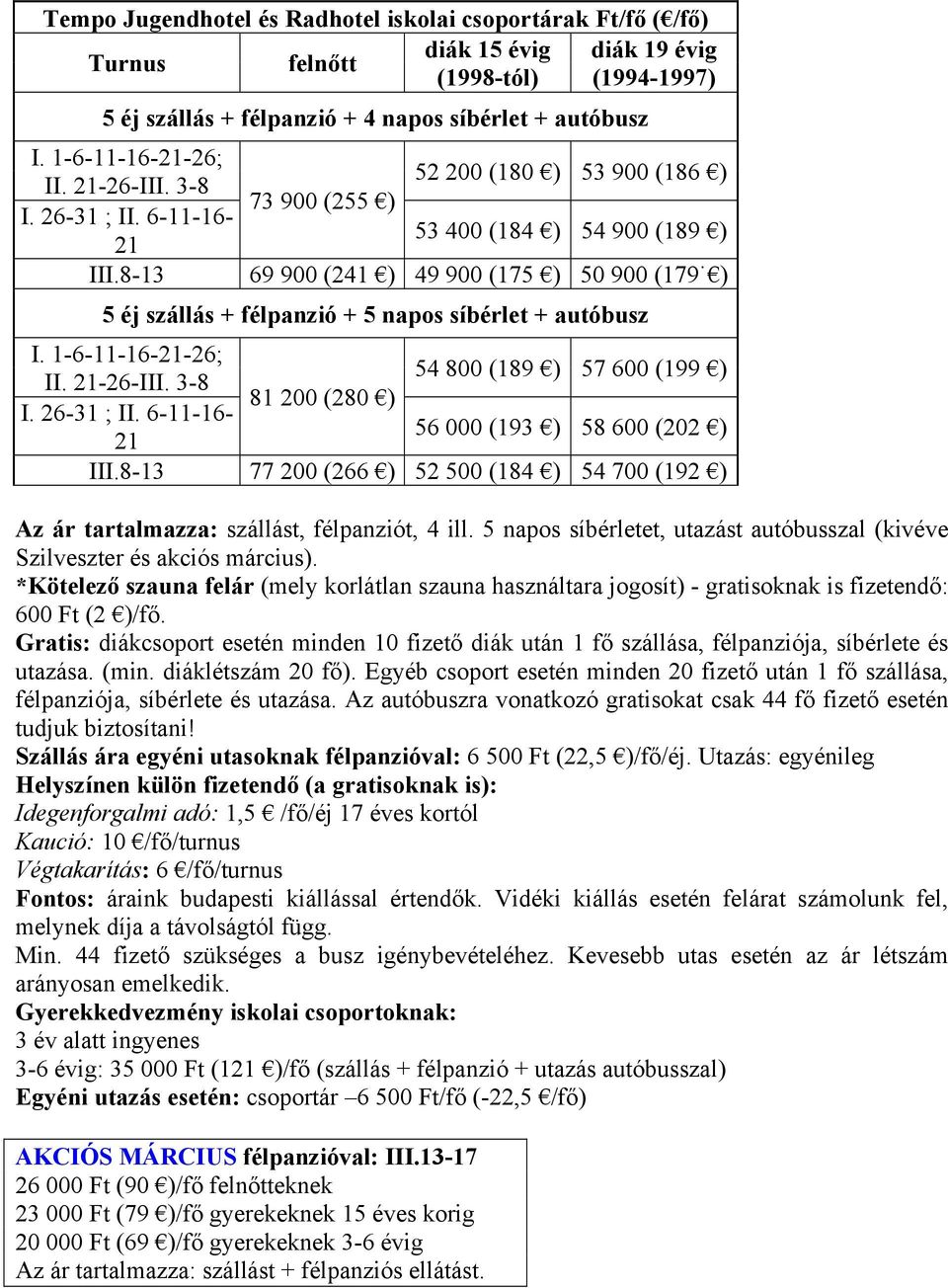8-13 73 900 (255 ) 52 200 (180 ) 53 900 (186 ) 53 400 (184 ) 54 900 (189 ) 69 900 (241 ) 49 900 (175 ) 50 900 (179 ) szállás + félpanzió + 5 napos síbérlet + autóbusz I.