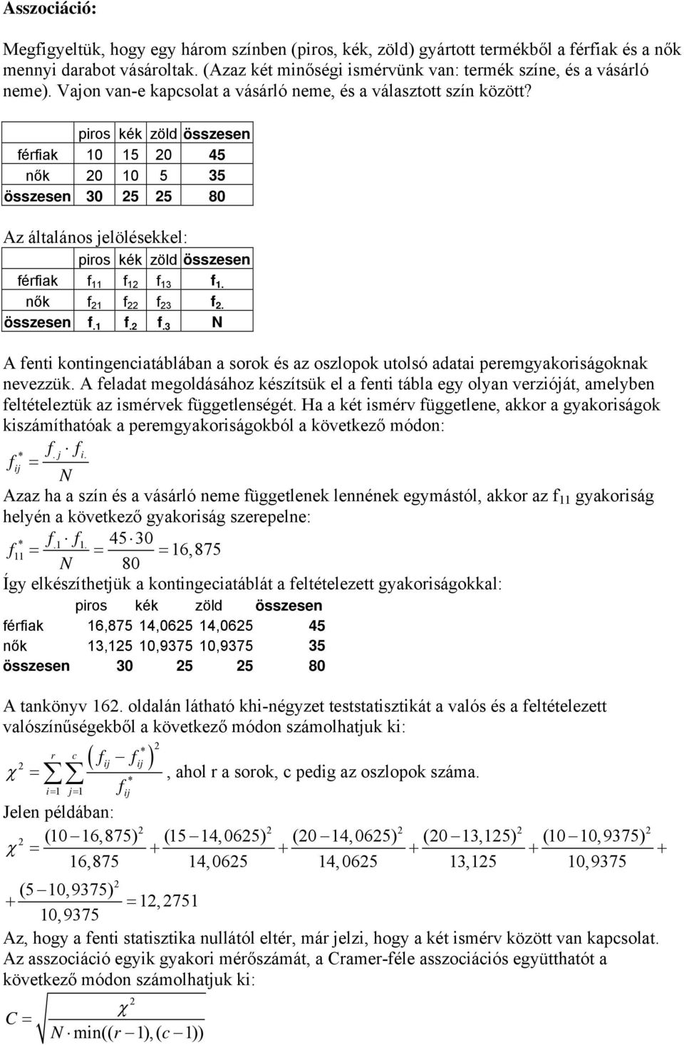 pros kék zöld összese férfak 10 15 0 45 ők 0 10 5 35 összese 30 5 5 80 Az általáos elölésekkel: pros kék zöld összese férfak f 11 f 1 f 13 f 1. ők f 1 f f 3 f. összese f.1 f. f.3 A fet kotgecatáblába a sorok és az oszlopok utolsó adata peremgyakorságokak evezzük.