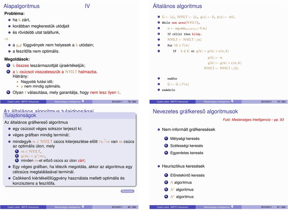 3 Olyan f választása, mely garantálja, hogy nem lesz ilyen k. Általános algoritmus G {s}, NYLT {s}, g(s) 0, p(s) nil. While nem ures(nylt ), n arg min m NYLT f(m) f cél(n) then kilép.