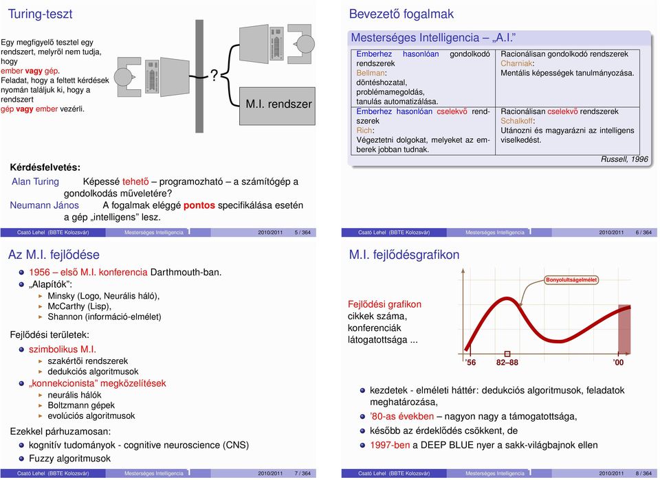 Csató Lehel (BBTE Kolozsvár) Mesterséges ntelligencia 1 2010/2011 5 / 364 Az M.. fejlődése 1956 első M.. konferencia Darthmouth-ban.