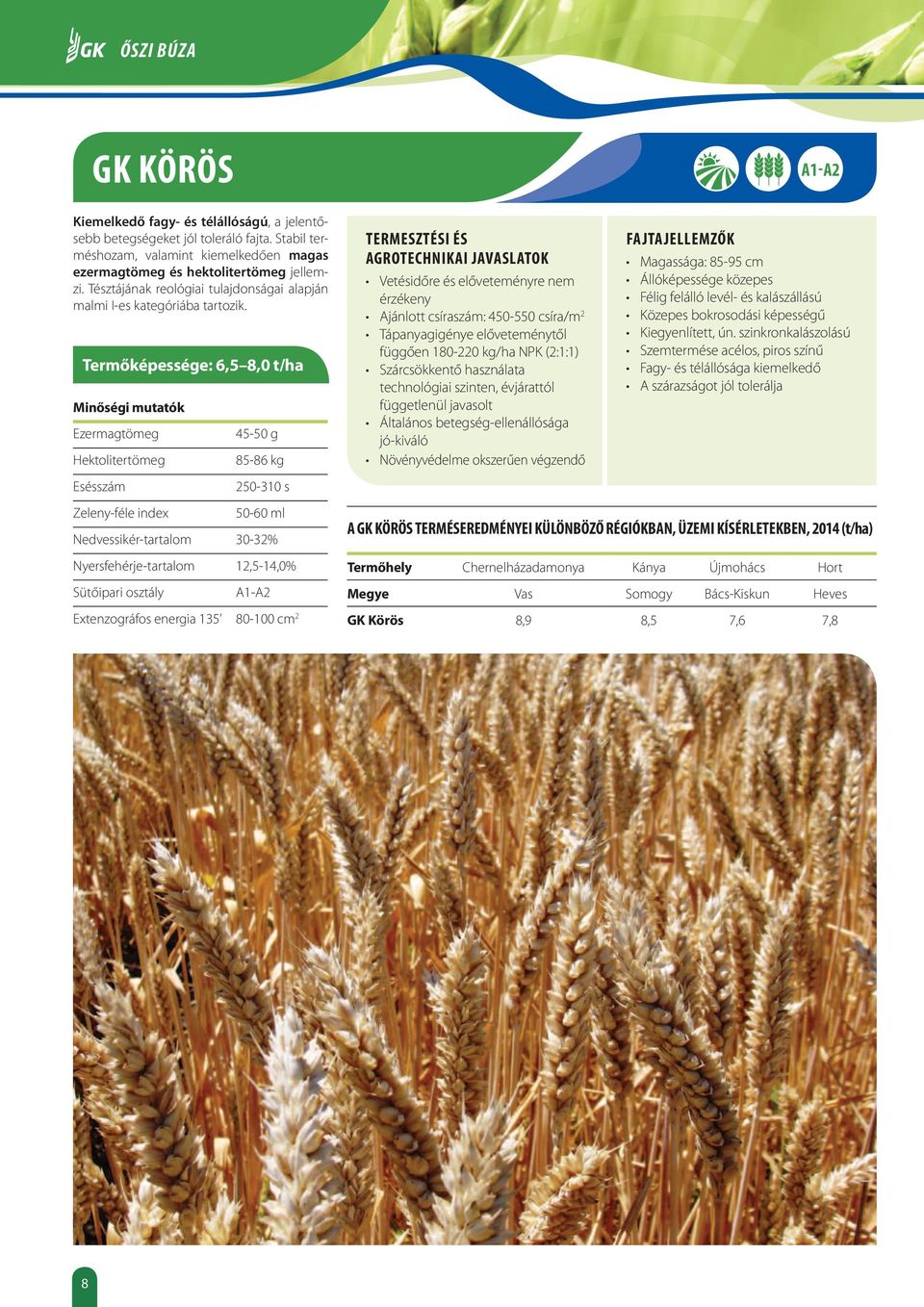 Termőképessége: 6,5 8,0 t/ha Ezermagtömeg 45-50 g 85-86 kg Vetésidőre és előveteményre nem érzékeny Ajánlott csíraszám: 450-550 csíra/m 2 Tápanyagigénye előveteménytől függően 180-220 kg/ha NPK