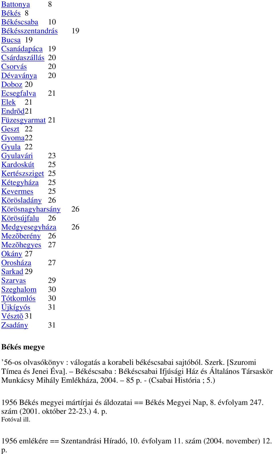 Szarvas 29 Szeghalom 30 Tótkomlós 30 Újkígyós 31 Vésztõ 31 Zsadány 31 Békés megye 56-os olvasókönyv : válogatás a korabeli békéscsabai sajtóból. Szerk. [Szuromi Tímea és Jenei Éva].
