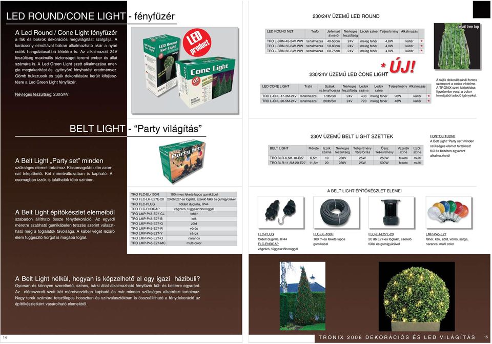 LED CONE LIGHT Trafó Szálak Névleges Ledek Ledek Teljesítmény Alkalmazás száma/hossza feszültség száma színe A tuják dekorálásánál fontos A TRONIX szett kialakítása figyelembe veszi a bokor
