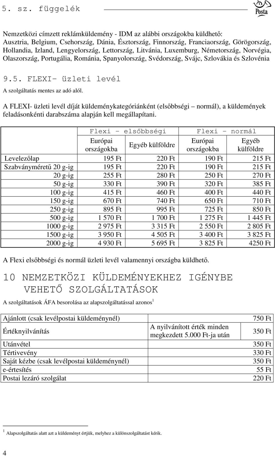 FLEXI- üzleti levél A FLEXI- üzleti levél díját küldeménykategóriánként (elsbbségi normál), a küldemények feladásonkénti darabszáma alapján kell megállapítani.