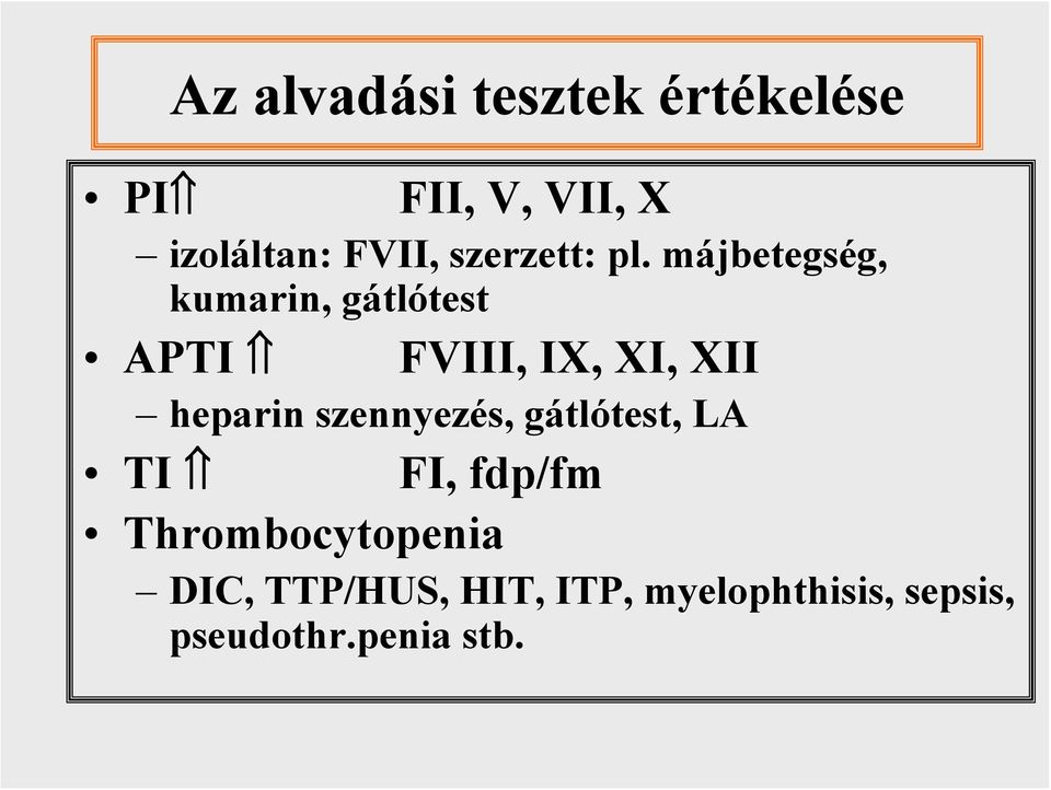 májbetegség, kumarin, gátlótest APTI FVIII, IX, XI, XII heparin