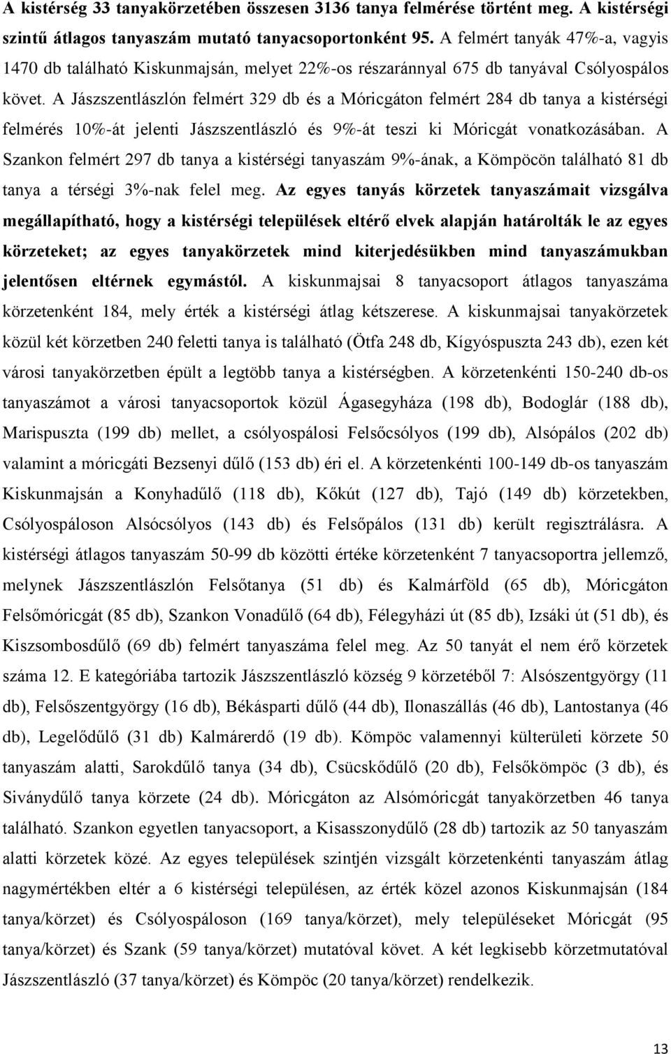 A Jászszentlászlón felmért 329 db és a Móricgáton felmért 284 db tanya a kistérségi felmérés 10%-át jelenti Jászszentlászló és 9%-át teszi ki Móricgát vonatkozásában.