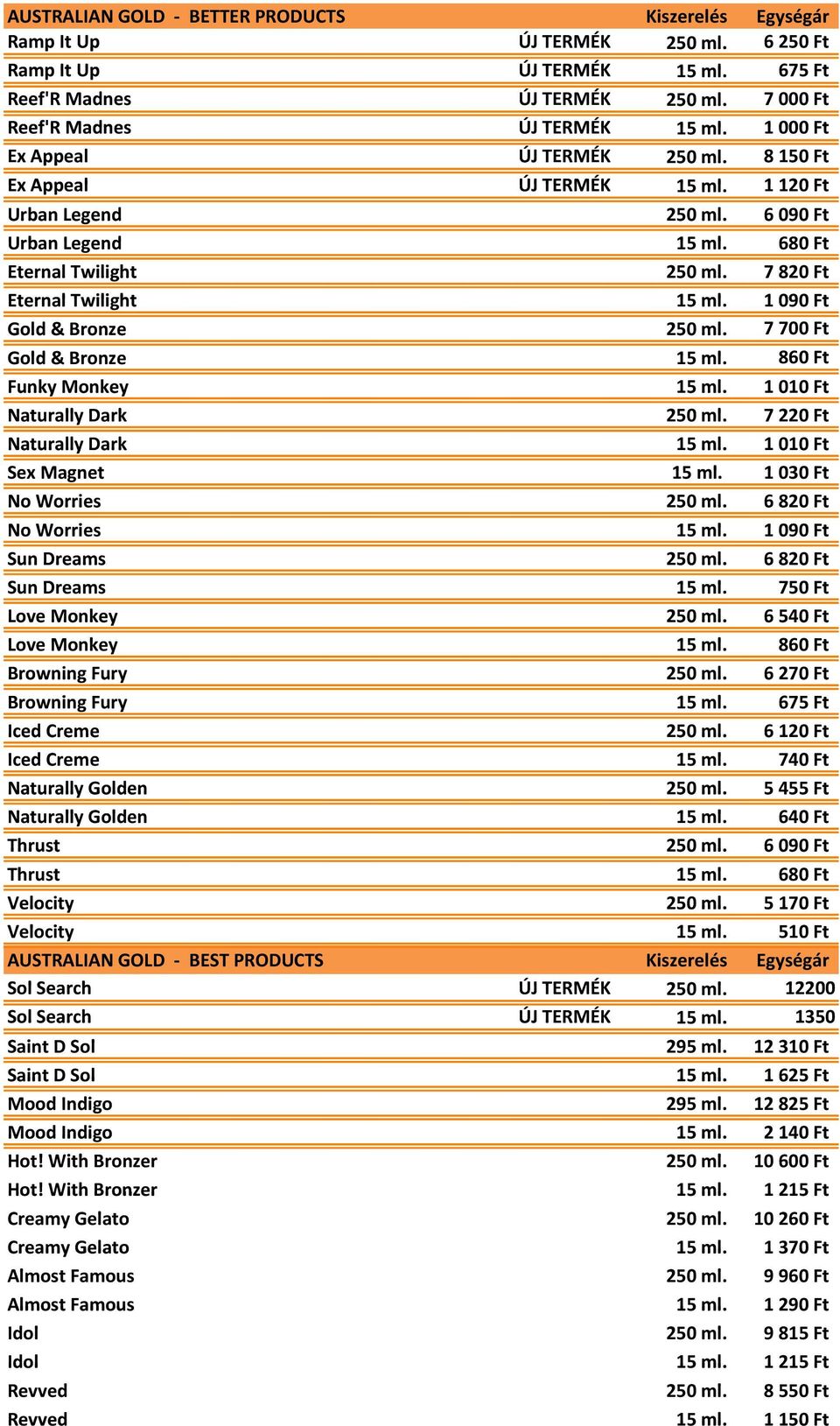 1 090 Ft Gold & Bronze 250 ml. 7 700 Ft Gold & Bronze 15 ml. 860 Ft Funky Monkey 15 ml. 1 010 Ft Naturally Dark 250 ml. 7 220 Ft Naturally Dark 15 ml. 1 010 Ft Sex Magnet 15 ml.