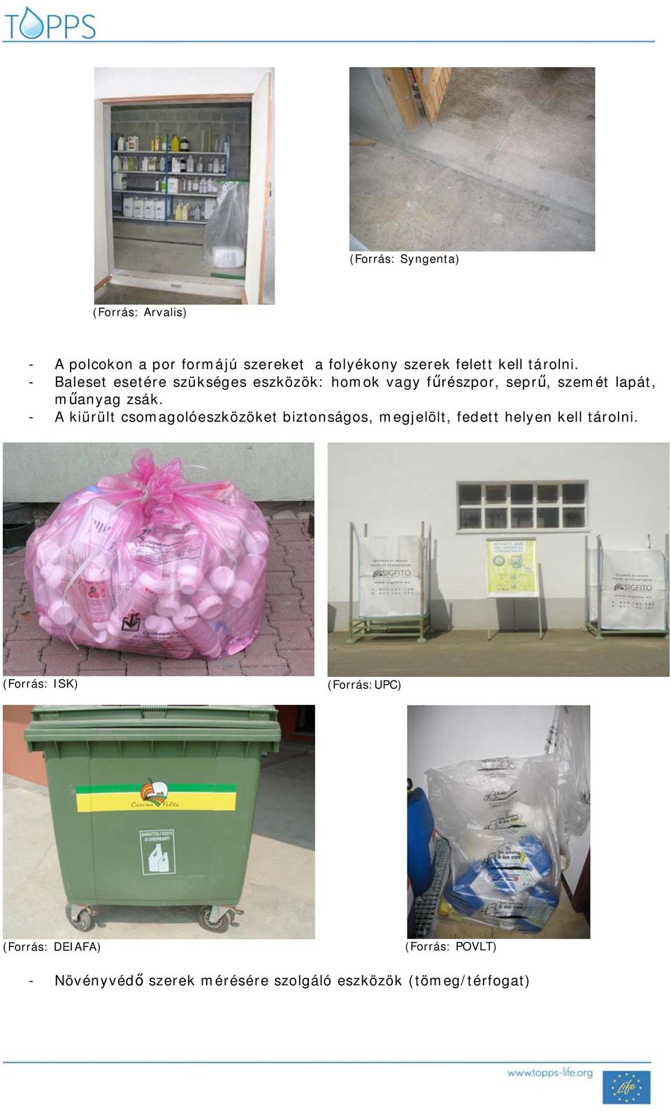 - Baleset esetére szükséges eszközök: homok vagy f részpor, sepr, szemét lapát, m anyag zsák.