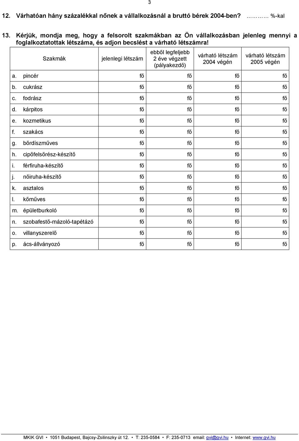 Szakmák jelenlegi létszám ebből legfeljebb 2 éve végzett (pályakezdő) várható létszám 2004 végén várható létszám 2005 végén a. pincér fő fő fő fő b. cukrász fő fő fő fő c. fodrász fő fő fő fő d.