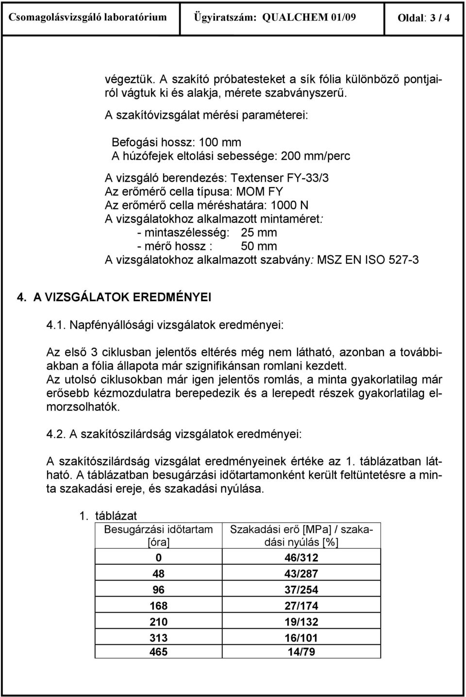 méréshatára: 1000 N A vizsgálatokhoz alkalmazott mintaméret: mintaszélesség: 25 mm mér% hossz : 50 mm A vizsgálatokhoz alkalmazott szabvány: MSZ EN ISO 5273 4. A VIZSGÁLATOK EREDMÉNYEI 4.1. Napfényállósági vizsgálatok eredményei: Az els% 3 ciklusban jelent%s eltérés még nem látható, azonban a továbbiakban a fólia állapota már szignifikánsan romlani kezdett.