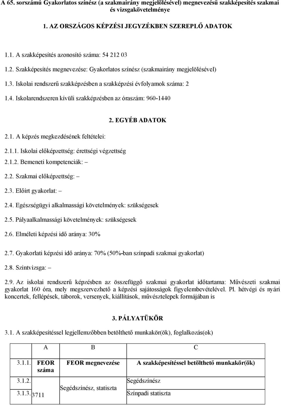 Iskolarendszeren kívüli szakképzésben az óraszám: 960-1440 2. EGYÉB DTOK 2.1. képzés megkezdésének feltételei: 2.1.1. Iskolai előképzettség: érettségi végzettség 2.1.2. Bemeneti kompetenciák: 2.2. Szakmai előképzettség: 2.