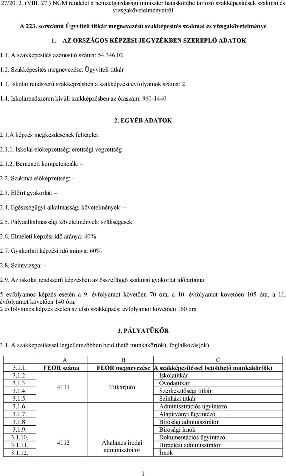 1.2. Bemeneti kompetenciák: 2.2. Szakmai előképzettség: 2.3. Előírt gyakorlat: 2.4. Egészségügyi alkalmassági követelmények: 2.5. Pályaalkalmassági követelmények: szükségesek 2.6.