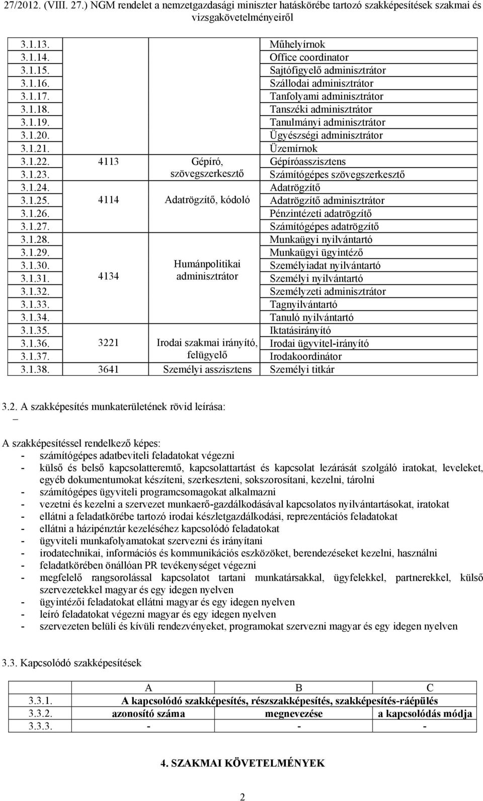 4114 Adatrögzítő, kódoló Adatrögzítő adminisztrátor 3.1.26. Pénzintézeti adatrögzítő 3.1.27. Számítógépes adatrögzítő 3.1.28. Munkaügyi nyilvántartó 3.1.29. Munkaügyi ügyintéző 3.1.30.