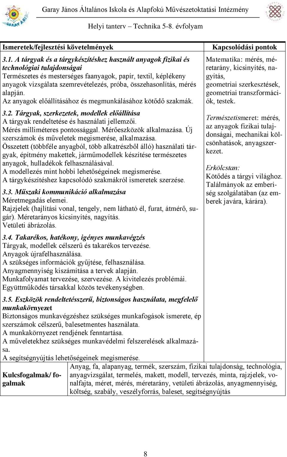 összehasonlítás, mérés alapján. Az anyagok előállításához és megmunkálásához kötődő szakmák. 3.2. Tárgyak, szerkezetek, modellek előállítása A tárgyak rendeltetése és használati jellemzői.