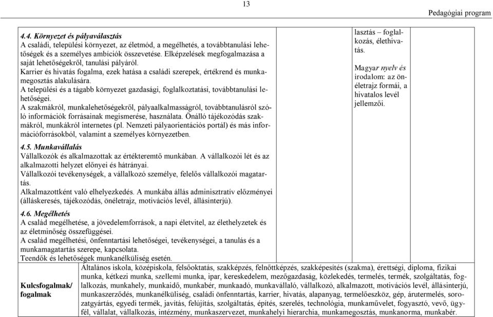 A települési és a tágabb környezet gazdasági, foglalkoztatási, továbbtanulási lehetőségei.