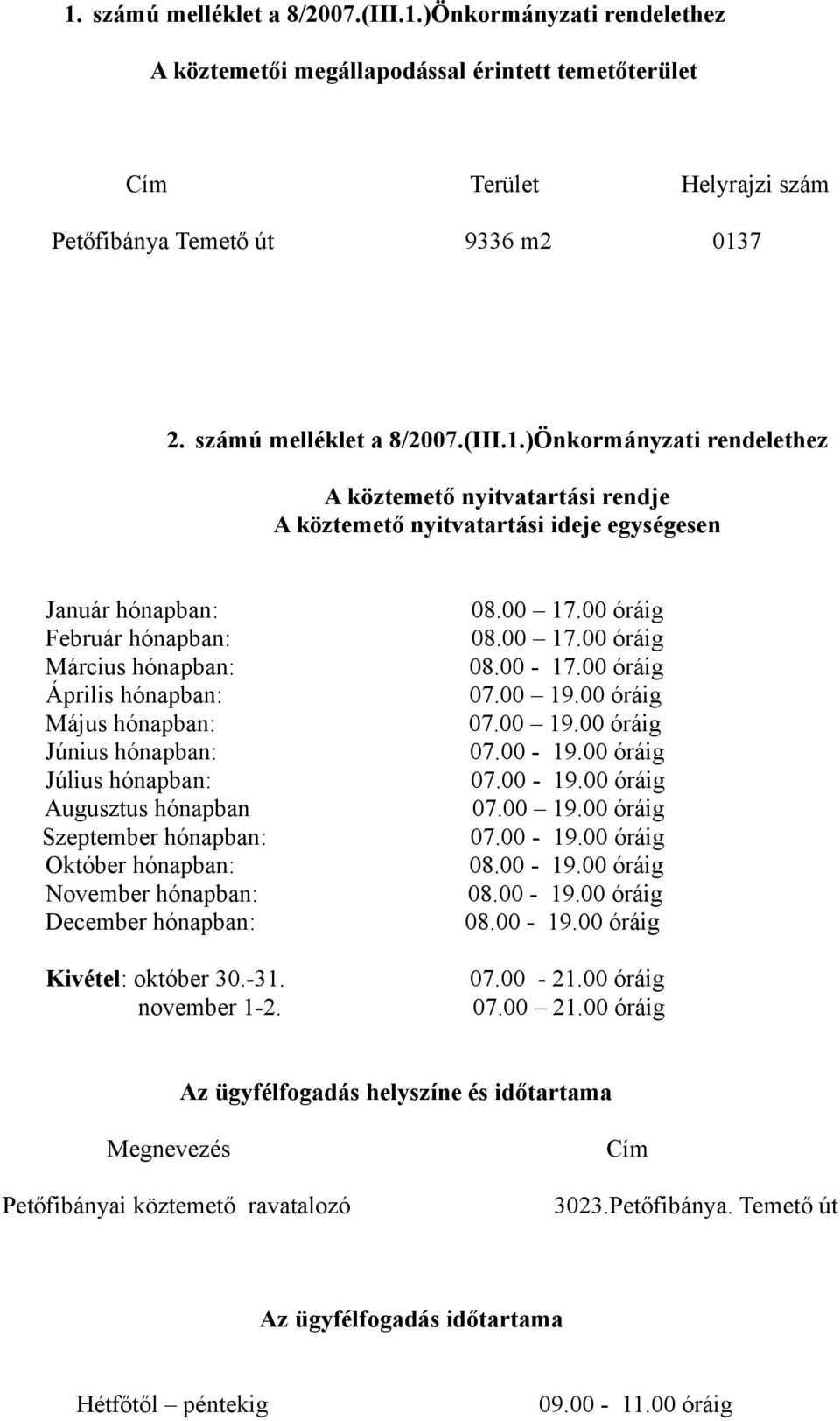 )Önkormányzati rendelethez A köztemető nyitvatartási rendje A köztemető nyitvatartási ideje egységesen Január hónapban: Február hónapban: Március hónapban: Április hónapban: Május hónapban: Június
