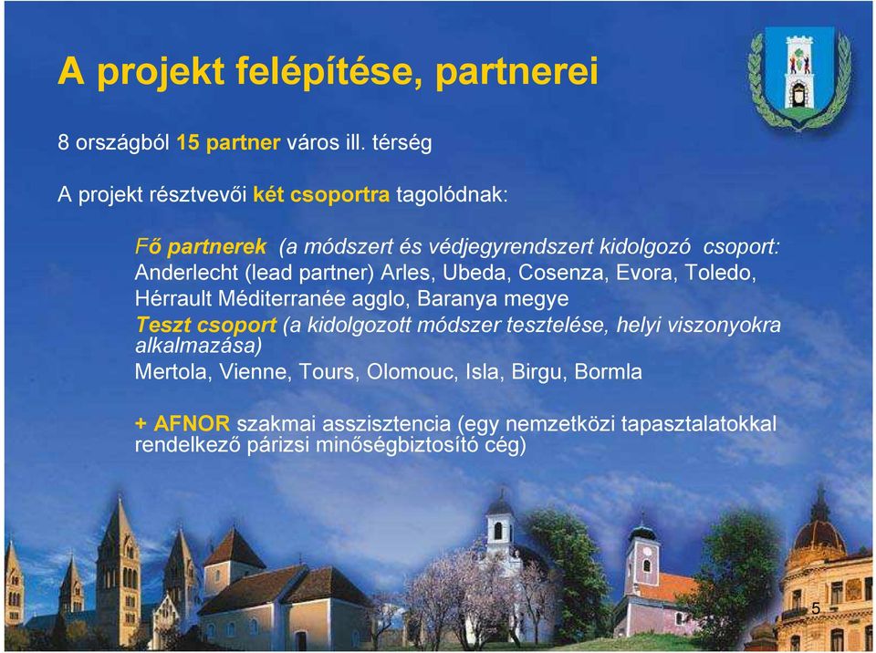 (lead partner) Arles, Ubeda, Cosenza, Evora, Toledo, Hérrault Méditerranée agglo, Baranya megye Teszt csoport (a kidolgozott módszer