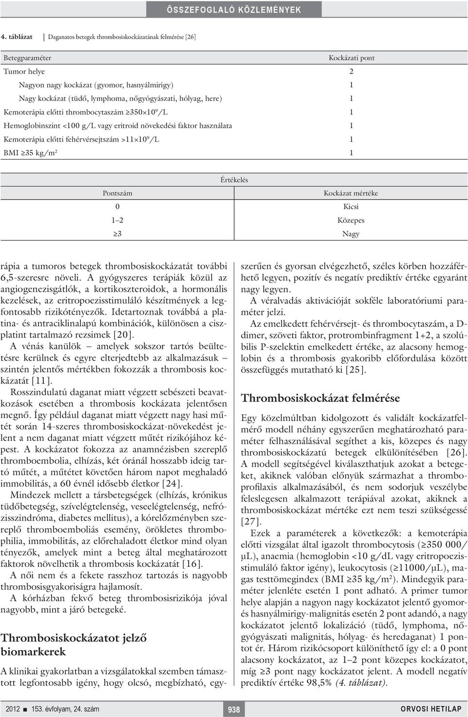BMI 35 kg/m 2 1 Értékelés Pontszám Kockázat mértéke 0 Kicsi 1 2 Közepes 3 Nagy rápia a tumoros betegek thrombosiskockázatát további 6,5-szeresre növeli.