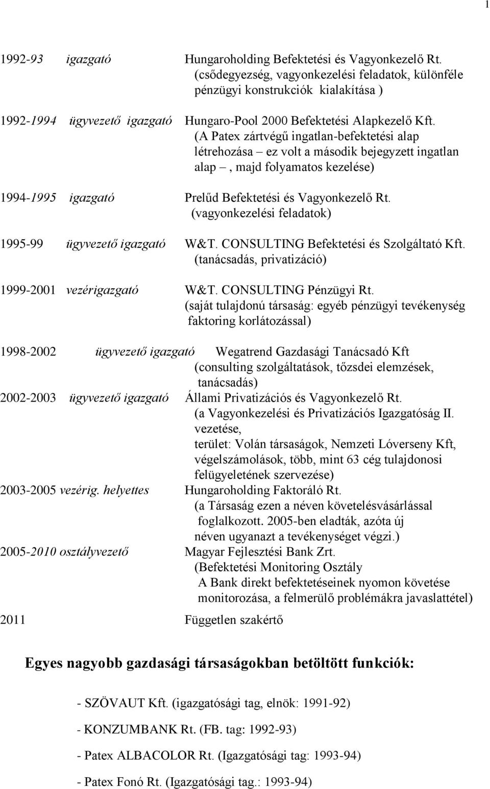 (A Patex zártvégű ingatlan-befektetési alap létrehozása ez volt a második bejegyzett ingatlan alap, majd folyamatos kezelése) 1994-1995 igazgató Prelűd Befektetési és Vagyonkezelő Rt.