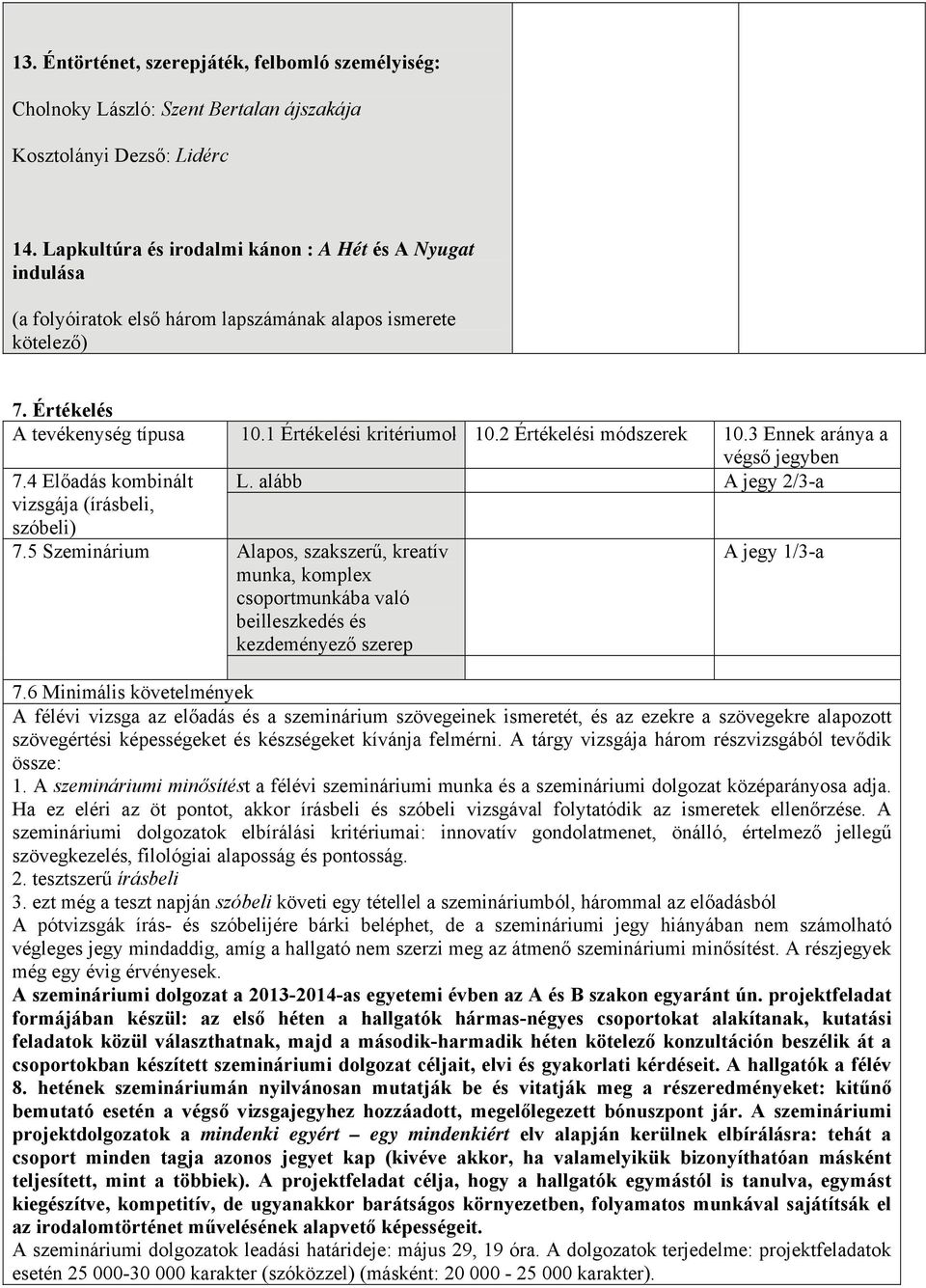 2 Értékelési módszerek 10.3 Ennek aránya a 7.4 Előadás kombinált vizsgája (írásbeli, szóbeli) 7.5 Szeminárium végső jegyben L.