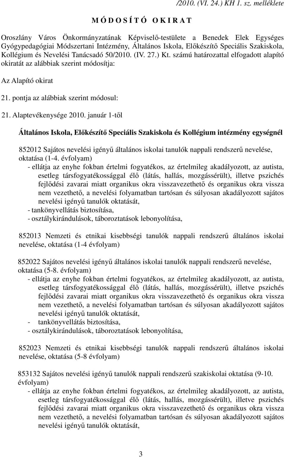 Tanácsadó 50/2010. (IV. 27.) Kt. számú határozattal elfogadott alapító okiratát az alábbiak szerint módosítja: Az Alapító okirat 21. pontja az alábbiak szerint módosul: 21. Alaptevékenysége 2010.