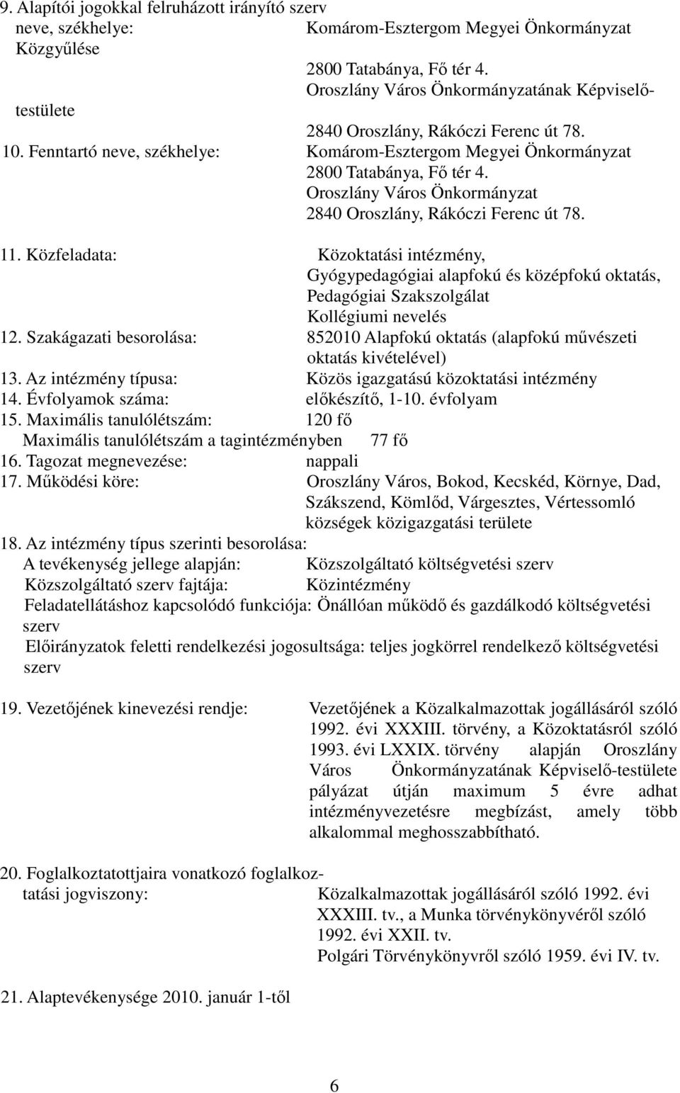 Oroszlány Város Önkormányzat 2840 Oroszlány, Rákóczi Ferenc út 78. 11.