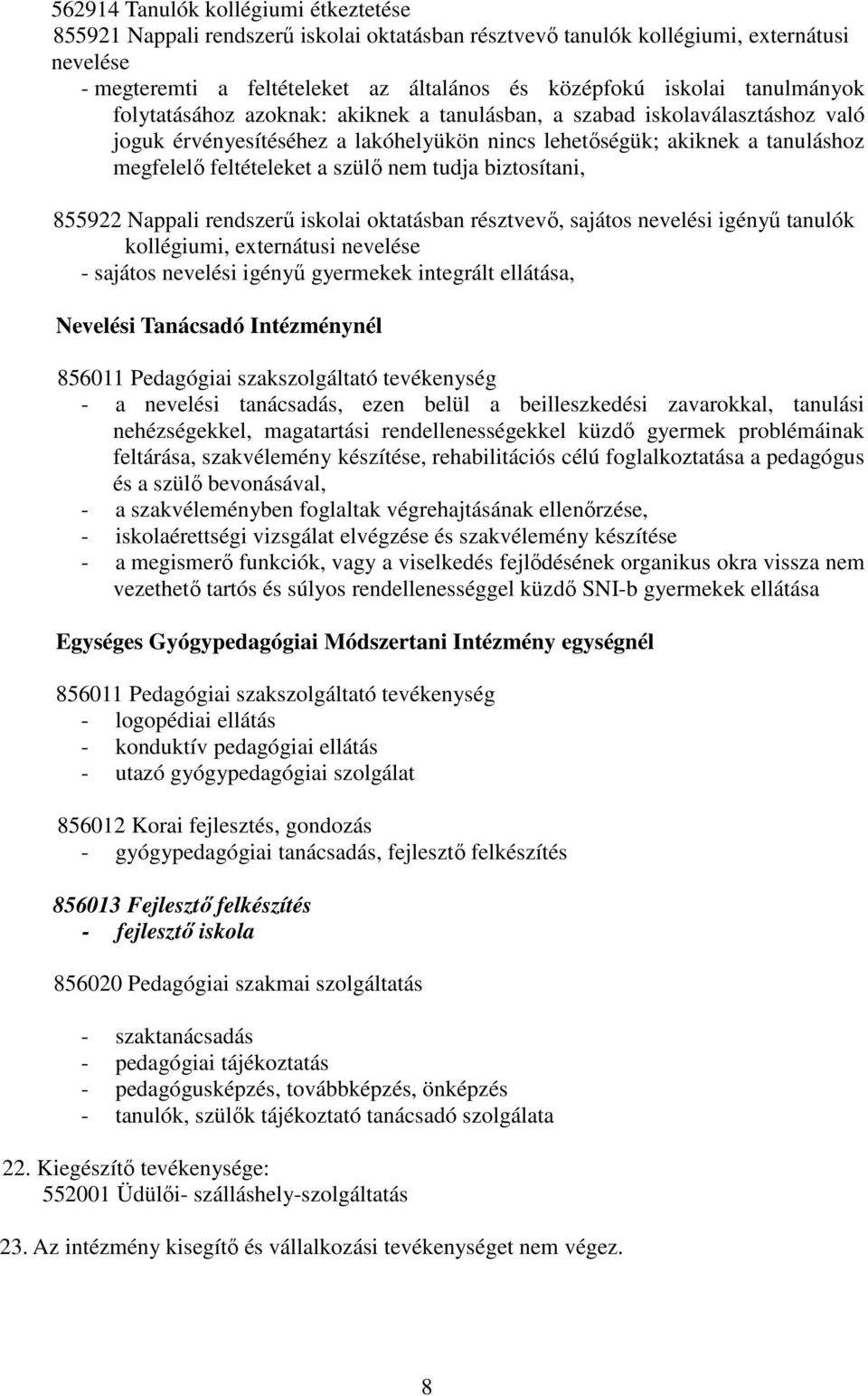 nem tudja biztosítani, 855922 Nappali rendszerő iskolai oktatásban résztvevı, sajátos nevelési igényő tanulók kollégiumi, externátusi nevelése - sajátos nevelési igényő gyermekek integrált ellátása,