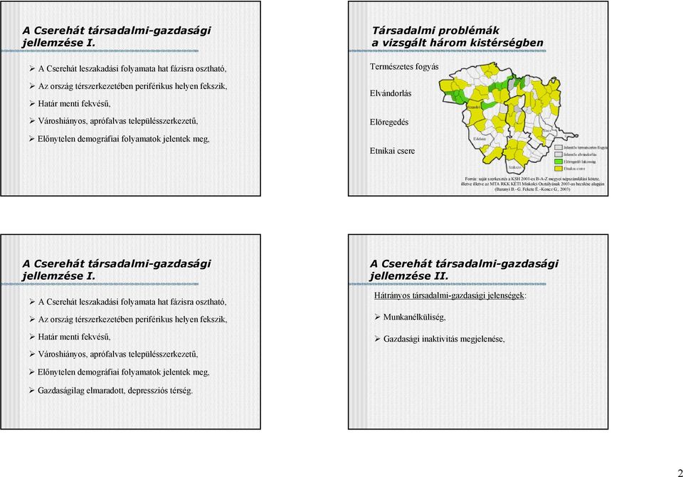 folyamatok jelentek meg, Társadalmi problémák a vizsgált három kistérségben Természetes fogyás Elvándorlás Elöregedés Etnikai csere Forrás: saját szerkesztés a KSH 2001-es B-A-Z megyei népszámlálási