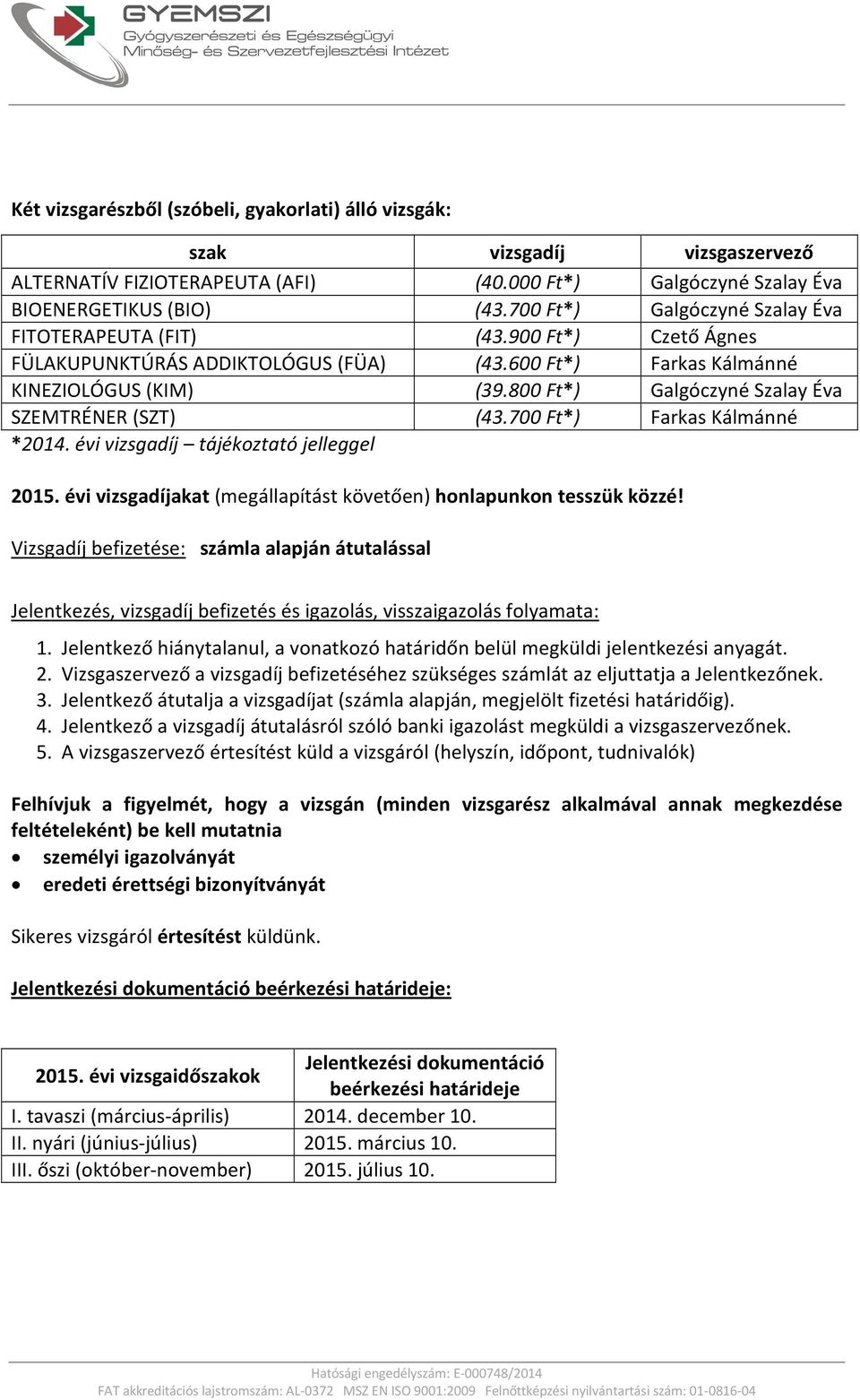 800 Ft*) Galgóczyné Szalay Éva SZEMTRÉNER (SZT) (43.700 Ft*) Farkas Kálmánné *2014. évi vizsgadíj tájékoztató jelleggel 2015. évi vizsgadíjakat (megállapítást követően) honlapunkon tesszük közzé!