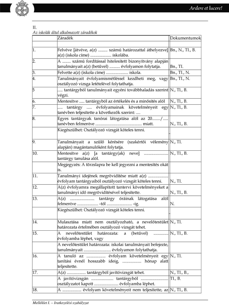 5... tantárgyból tanulmányait egyéni továbbhaladás szerint N., Tl., B. végzi. 6. Mentesítve... tantárgyból az értékelés és a minősítés alól N., Tl., B. 7.... tantárgy... évfolyamainak követelményeit egy N.