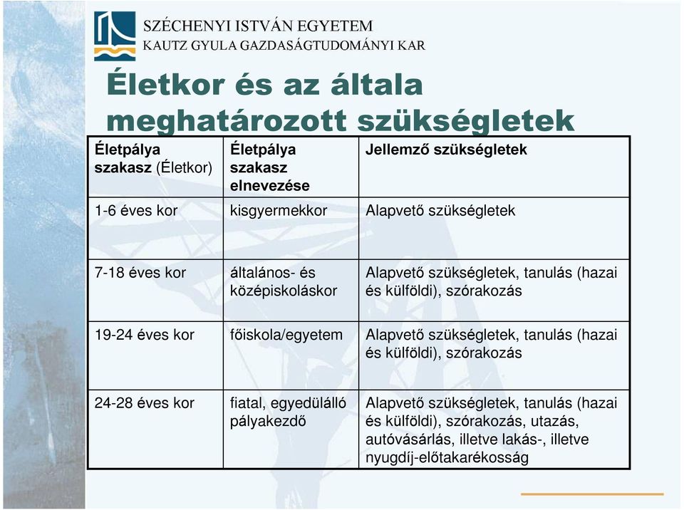 szórakozás 19-24 éves kor fõiskola/egyetem Alapvetõ szükségletek, tanulás (hazai és külföldi), szórakozás 24-28 éves kor fiatal,