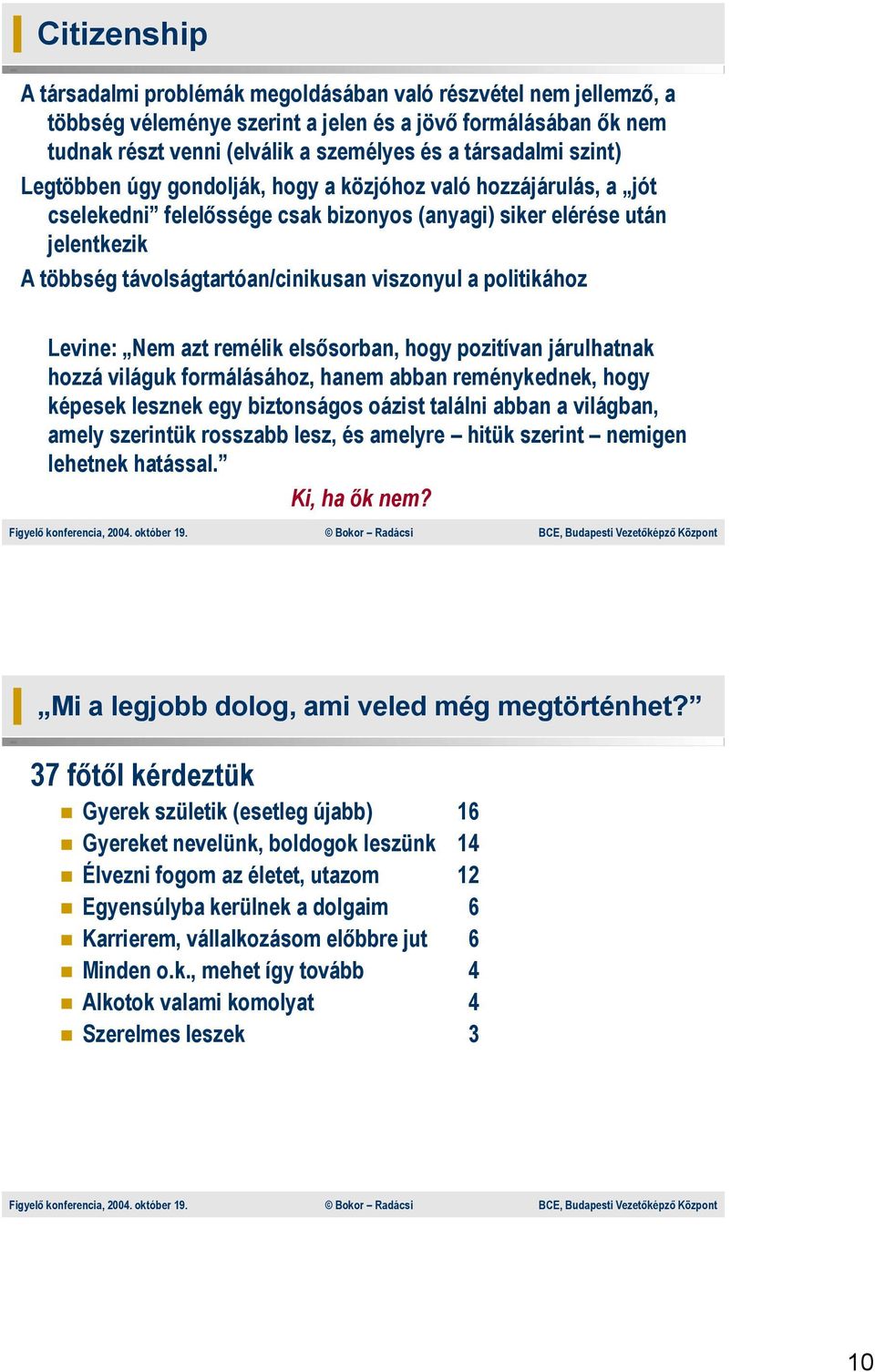 politikához Levine: Nem azt remélik elsősorban, hogy pozitívan járulhatnak hozzá világuk formálásához, hanem abban reménykednek, hogy képesek lesznek egy biztonságos oázist találni abban a világban,