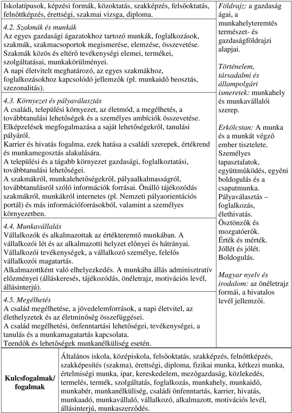 Szakmák közös és eltérő tevékenységi elemei, termékei, szolgáltatásai, munkakörülményei. A napi életvitelt meghatározó, az egyes szakmákhoz, foglalkozásokhoz kapcsolódó jellemzők (pl.