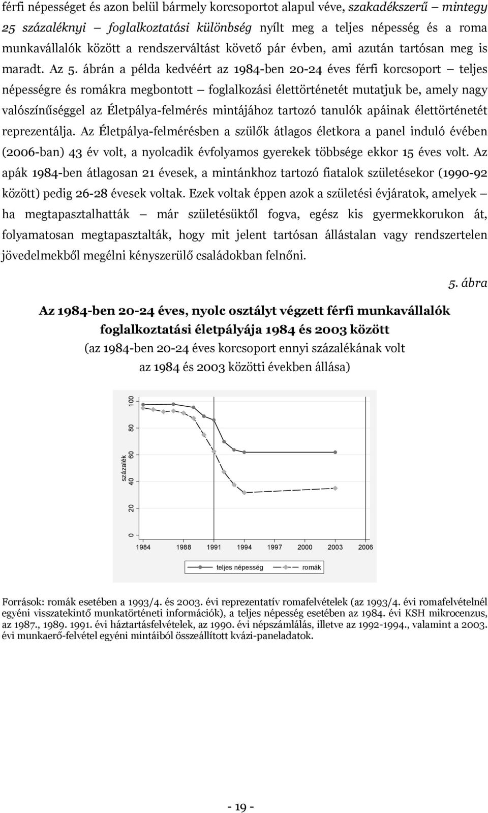 ábrán a példa kedvéért az 1984-ben 20-24 éves férfi korcsoport teljes népességre és romákra megbontott foglalkozási élettörténetét mutatjuk be, amely nagy valószínűséggel az Életpálya-felmérés