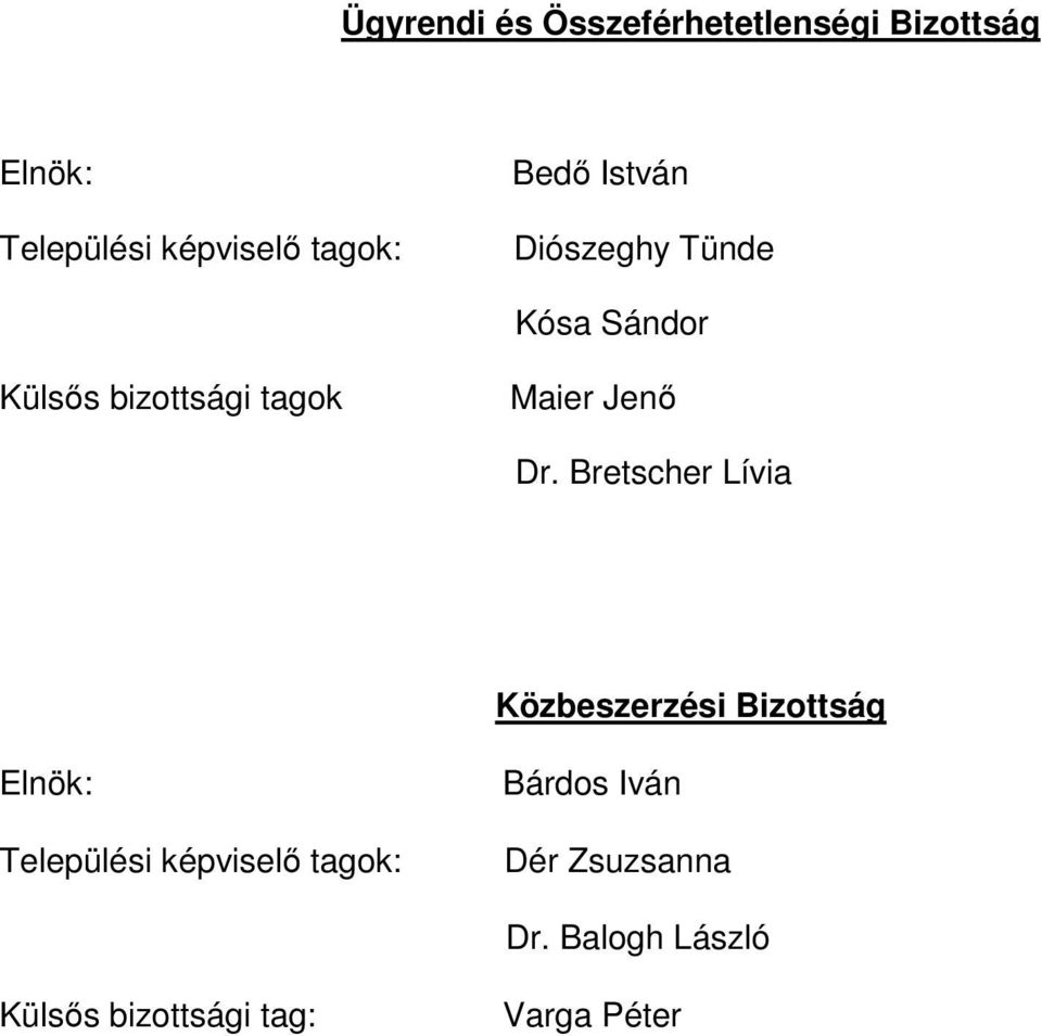 Bretscher Lívia Közbeszerzési Bizottság Elnök: Települési képviselő tagok: