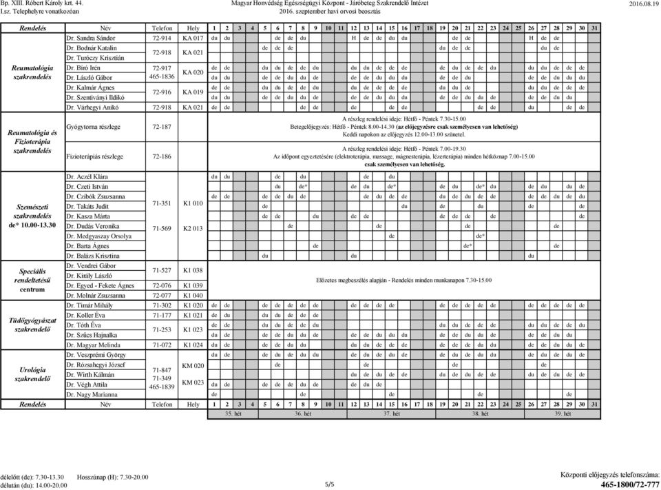 Turóczy Krisztián Dr. Bíró Irén 72-917 KA 020 Dr. László Gábor 465-1836 Dr. Kalmár Ágnes 72-916 KA 019 Dr. Szentiványi Ildikó Dr.