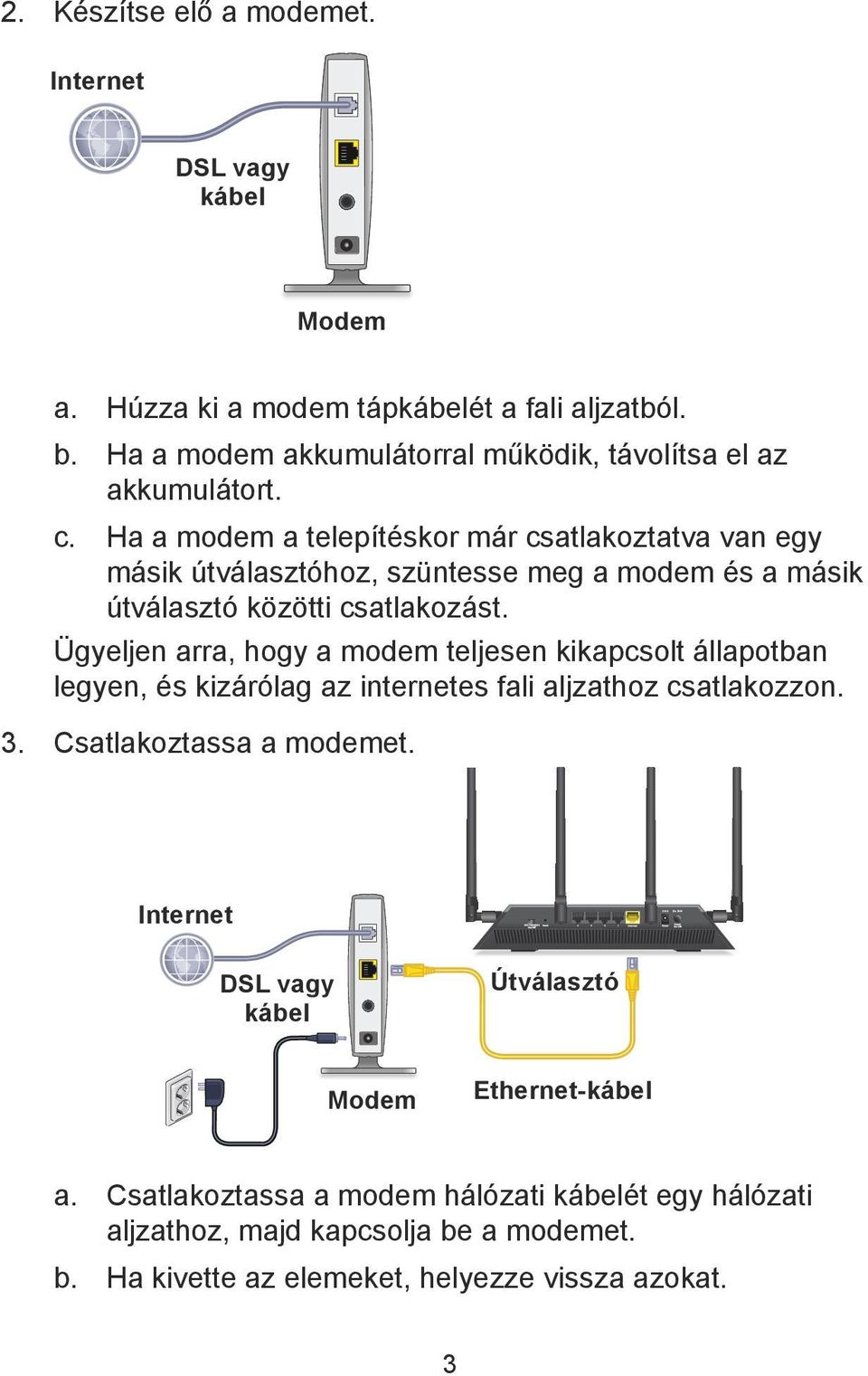 Ha a modem a telepítéskor már csatlakoztatva van egy másik útválasztóhoz, szüntesse meg a modem és a másik útválasztó közötti csatlakozást.