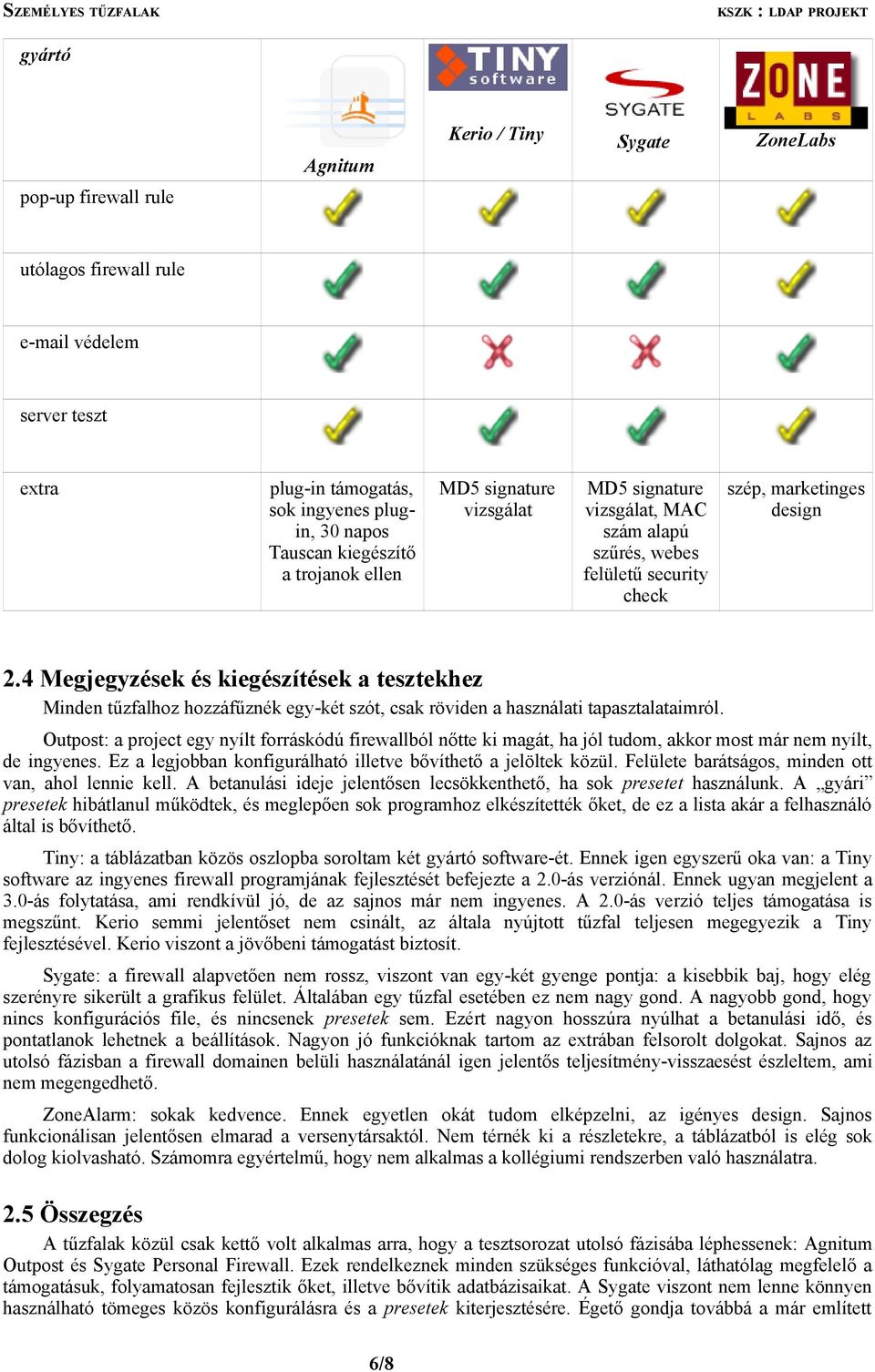 4 Megjegyzések és kiegészítések a tesztekhez Minden tűzfalhoz hozzáfűznék egy-két szót, csak röviden a használati tapasztalataimról.