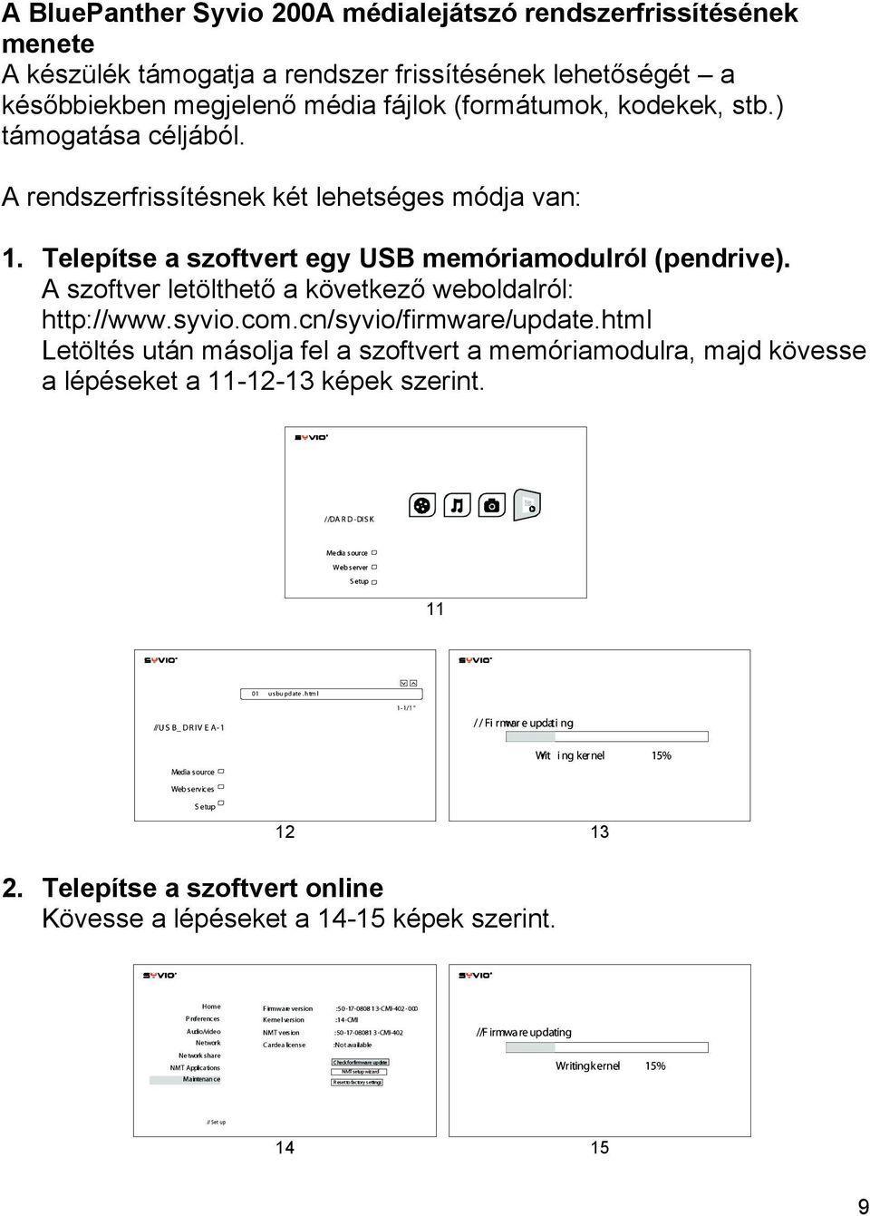 Telepítse a szoftvert egy USB memóriamodulról (pendrive). A szoftver letölthető a következő weboldalról: http://www.syvio.com.cn/syvio/firmware/update.