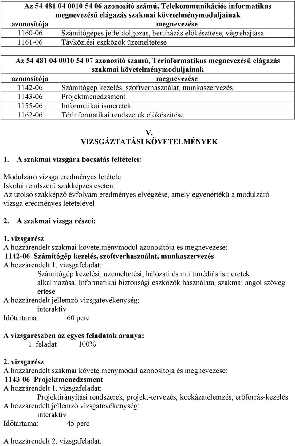 megnevezése 1142-06 Számítógép kezelés, szoftverhasználat, munkaszervezés 1143-06 Projektmenedzsment 1155-06 Informatikai ismeretek 1162-06 Térinformatikai rendszerek előkészítése 1.